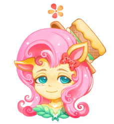 Size: 900x984 | Tagged: safe, artist:kongyi, fluttershy, anthro, human, blushing, bust, cute, eared humanization, hat, humanized, jewelry, looking at you, necklace, portrait, shyabetes, simple background, smiling, solo, white background