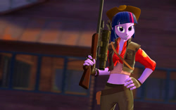 Size: 1280x800 | Tagged: artist needed, source needed, safe, derpibooru import, twilight sparkle, equestria girls, crossover, female, gun, hat, humanized, optical sight, parody, rifle, sniper, sniper rifle, team fortress 2, teeth, weapon