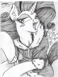 Size: 730x960 | Tagged: safe, artist:petanoprime, rarity, pony, unicorn, blush sticker, blushing, clothes, female, grayscale, hoodie, mare, monochrome, open mouth, signature, smiling, solo, text, traditional art