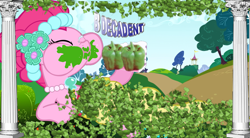 Size: 1924x1063 | Tagged: safe, artist:mlpfimguy, artist:p0p218, pinkie pie, pony, 1000 hours in gimp, clothes, delicious, dress, eating, gimp, leaf, leaves, pillar, wat