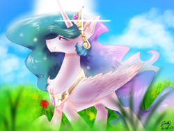 Size: 1024x768 | Tagged: safe, artist:emuuanne, princess celestia, alicorn, pony, beautiful, cloud, female, flower, grass, jewelry, mare, regalia, signature, sky, smiling, solo