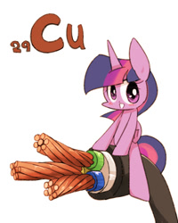 Size: 800x1000 | Tagged: safe, artist:joycall6, derpibooru import, part of a set, twilight sparkle, twilight sparkle (alicorn), alicorn, pony, series:joycall6's periodic table, blushing, cable, chemistry, copper, cuprum, female, mare, periodic table, riding, wires