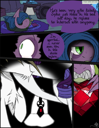 Size: 888x1150 | Tagged: safe, artist:didun850, rarity, spike, oc, oc:lustrum, dragon, earth pony, pony, unicorn, comic:my little enenra friendship is insane, blanket, canon x oc, comic, crying, crystal, dialogue, female, fire ruby, gem, male, mare, ruby, shipping denied, signature, stallion