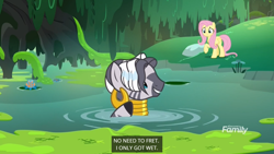 Size: 1366x768 | Tagged: safe, screencap, fluttershy, zecora, pegasus, pony, zebra, a health of information, alternate hairstyle, criss cross moss, ear piercing, earring, everfree forest, forest, jewelry, moss, muck, out of context, piercing, rhyme, subtitles, swamp, swamp fever plant, wet, wet mane, worried