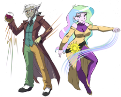 Size: 3528x2824 | Tagged: safe, artist:danmakuman, discord, princess celestia, principal celestia, equestria girls, clothes, cravat, equestria girls-ified, female, male, overcoat, shirt, waistcoat