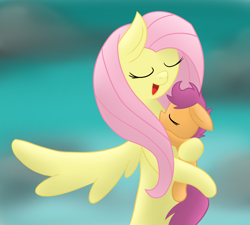 Size: 2000x1800 | Tagged: safe, artist:yourfavoritelove, fluttershy, scootaloo, pegasus, pony, cute, cutealoo, eyes closed, fluttermom, holding a pony, hug, scootalove, shyabetes