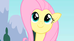 Size: 1280x720 | Tagged: safe, screencap, fluttershy, pegasus, pony, sonic rainboom (episode), cute, female, looking up, mare, mountain, outdoors, shyabetes, sky, smiling, solo