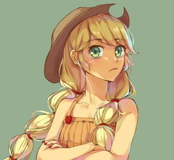 Size: 720x664 | Tagged: safe, artist:usami, applejack, human, equestria girls, friendship through the ages, alternate costumes, beautiful, country applejack, cowboy hat, cute, female, freckles, green background, hat, humanized, jackabetes, nail polish, simple background, sleeveless, solo