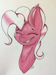 Size: 1024x1365 | Tagged: safe, artist:pinkdolphin147, pinkie pie, earth pony, pony, bust, copic, eyes closed, marker drawing, portrait, simple background, smiling, solo, traditional art, white background