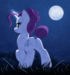 Size: 900x975 | Tagged: safe, artist:masserey, rarity, pony, unicorn, alternate hairstyle, bedroom eyes, butt, cute, female, full moon, glowing horn, hair bun, horn, looking at you, looking back, looking back at you, mare, moon, night, plot, raribetes, rear view, rearity, sky, solo, starry night, stars, tail bun, tail wrap