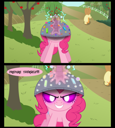 Size: 1250x1391 | Tagged: safe, artist:psyxofthoros, edit, applejack, pinkie pie, earth pony, pony, artificial horn, artificial unicorn, comic, cropped, evil grin, glowing eyes, grin, magic, smiling, the unic-o-tronic 1000!, xk-class end-of-the-world scenario