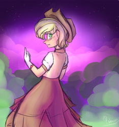 Size: 3000x3200 | Tagged: safe, artist:rikydash, applejack, human, clothes, dress, gala dress, humanized, night, solo, stars