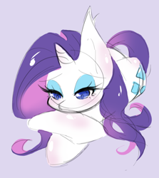 Size: 1080x1210 | Tagged: safe, artist:luna-491, rarity, pony, unicorn, colored pupils, cute, ear fluff, female, mare, prone, purple background, raribetes, sad, simple background, solo