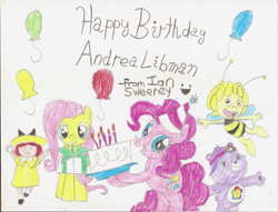 Size: 3328x2544 | Tagged: safe, fluttershy, pinkie pie, pegasus, pony, andrea libman, balloon, birthday cake, birthday present, cake, care bears, care bears adventures of care a lot, food, hand drawing, happy birthday, harmony bear, madeline, maya the bee, traditional art, voice actor joke