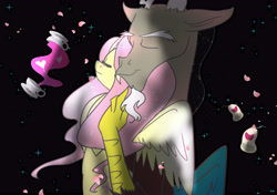 Size: 8598x6047 | Tagged: safe, artist:lettelauren, discord, fluttershy, pegasus, pony, absurd resolution, cup, discoshy, embrace, female, ginseng teabags, hug, male, shipping, straight, teacup