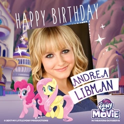 Size: 1200x1200 | Tagged: safe, fluttershy, pinkie pie, human, my little pony: the movie, andrea libman, happy birthday, irl, irl human, my little pony logo, official, photo