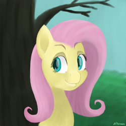 Size: 1250x1250 | Tagged: safe, artist:afterman, fluttershy, pegasus, pony, bust, eyebrows, looking away, outdoors, portrait, smiling, solo, tree, under the tree