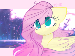 Size: 800x600 | Tagged: safe, artist:kiyashie, fluttershy, pegasus, pony, abstract background, bust, cute, female, floppy ears, folded wings, mare, no pupils, portrait, shyabetes, solo, wings