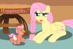 Size: 1588x1066 | Tagged: safe, artist:pandalove93, fluttershy, oc, oc:hoppingshy, pegasus, pony, alternate hairstyle, baby, baby pony, braid, colt, diaper, male, offspring, open mouth, parent:big macintosh, parent:fluttershy, parents:fluttermac, table