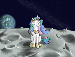 Size: 1600x1200 | Tagged: safe, artist:rocket-lawnchair, artist:sonicontinuum, princess celestia, alicorn, pony, banished to the moon, earth, faic, female, hoof shoes, mare, moon, role reversal, scenery, sitting, solo, space, the tables have turned, to the moon, wat, wide eyes