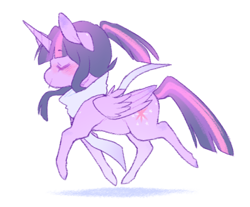 Size: 500x413 | Tagged: dead source, safe, artist:deerieres, derpibooru import, twilight sparkle, twilight sparkle (alicorn), alicorn, pony, blushing, clothes, cute, eyes closed, female, mare, pastel, scarf, simple background, smiling, solo, transparent background, trotting