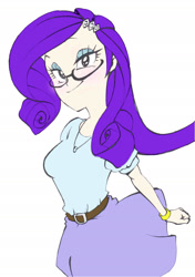 Size: 1669x2367 | Tagged: safe, artist:zxcv, rarity, equestria girls, belt, clothes, cute, female, glasses, looking at you, pixiv, raribetes, simple background, skirt, smiling, solo, white background