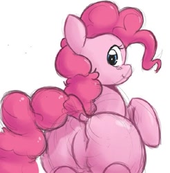 Size: 571x581 | Tagged: safe, artist:tre, pinkie pie, earth pony, pony, balloonbutt, blushing, colored, cute, dock, featureless crotch, looking at you, looking back, plot, plump, raised hoof, simple background, sketch, smiling, white background