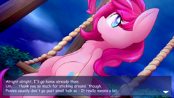 Size: 1920x1080 | Tagged: safe, artist:dshou, pinkie pie, earth pony, pony, semi-anthro, dialogue, female, mare, open mouth, sitting, solo, swing, visual novel, yet another pinkie blog