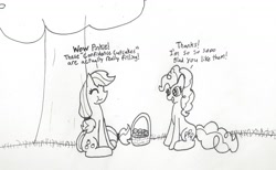 Size: 1446x892 | Tagged: safe, artist:ponybytesketches, applejack, pinkie pie, earth pony, pony, cupcake, eating, food, monochrome, newbie artist training grounds