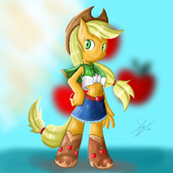 Size: 2000x2000 | Tagged: safe, artist:shogundun, applejack, anthro, ambiguous facial structure, belly button, boots, clothes, cowboy hat, denim skirt, drawing, equestria girls outfit, hat, midriff, skirt, stetson