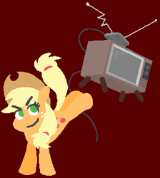 Size: 276x308 | Tagged: safe, artist:threetwotwo32232, applejack, earth pony, pony, bucking, cowboy hat, cutie mark, elroy, female, hat, hooves, lineless, mare, percussive maintenance, simple background, smiling, solo, television