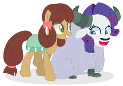 Size: 613x429 | Tagged: safe, artist:californsaishi001, artist:selenaede, rarity, yona, earth pony, pony, yak, she's all yak, base used, duo, eye clipping through hair, female, ponified, pony yona, role reversal, smiling, species swap, yakified, yakity