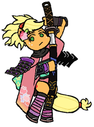 Size: 322x438 | Tagged: safe, artist:threetwotwo32232, applejack, earth pony, pony, clothes, female, muramasa, solo