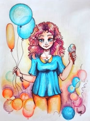 Size: 536x720 | Tagged: safe, artist:anoreshek, pinkie pie, human, balloon, clothes, food, freckles, humanized, ice cream, solo, traditional art