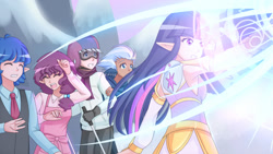 Size: 1280x721 | Tagged: safe, artist:jonfawkes, derpibooru import, double diamond, night glider, party favor, sugar belle, twilight sparkle, twilight sparkle (alicorn), alicorn, human, the cutie map, anime, clothes, elf ears, equal four, eyes closed, female, humanized, magic, magic circle, male, open mouth, scene interpretation, wing ears