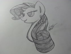 Size: 3264x2448 | Tagged: safe, artist:lucas_gaxiola, rarity, pony, unicorn, bust, ear piercing, earring, female, grayscale, jewelry, mare, monochrome, piercing, signature, smiling, solo, traditional art