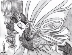 Size: 1977x1529 | Tagged: safe, artist:petanoprime, rarity, pony, unicorn, butterfly wings, candle, chalice, clothes, dress, eyes closed, female, glowing horn, grayscale, horn, magic, mare, monochrome, signature, solo, telekinesis, traditional art, wings