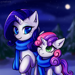 Size: 3000x3000 | Tagged: safe, artist:yutakira92, rarity, sweetie belle, pony, unicorn, belle sisters, clothes, duo, female, filly, fir tree, looking at each other, mare, matching outfits, moon, night, one eye closed, outdoors, scarf, siblings, sisters, smiling, smiling at each other, snow, snowfall, tree, winter