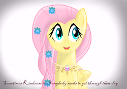 Size: 8598x6047 | Tagged: safe, artist:lettelauren, fluttershy, pegasus, pony, absurd resolution, alternate hairstyle, bust, element of kindness, flower, flower in hair, folded wings, inspirational, portrait, quote, smiling, wings