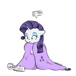 Size: 11467x11467 | Tagged: safe, artist:ratann, rarity, pony, unicorn, absurd resolution, blanket, book, cozy, cute, cutie mark, female, food, heart, mare, mug, raribetes, simple background, solo, speech bubble, speedpaint available, tea, white background