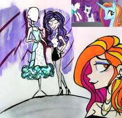 Size: 1998x1931 | Tagged: safe, artist:citi, screencap, rarity, sassy saddles, human, canterlot boutique, clothes, dress, duo, hand on hip, humanized, mannequin, princess dress, scene interpretation, screencap reference, traditional art