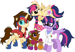 Size: 10807x7500 | Tagged: safe, artist:mactavish1996, artist:moonlight-ki, derpibooru import, sci-twi, twilight sparkle, oc, oc:ben parker sparkle, oc:mayday parker sparkle, alicorn, pegasus, pony, unicorn, absurd resolution, candy, female, food, green goblin, mare, nightmare night, offspring, parent:peter parker, parent:twilight sparkle, parents:spidertwi, peter parker, ponified, scitwilicorn, simple background, spider-man, spiders and magic: rise of spider-mane, transparent background, vector