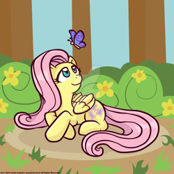 Size: 1024x1024 | Tagged: safe, artist:yoshimarsart, fluttershy, butterfly, pegasus, pony, bush, female, folded wings, grass, looking at something, looking up, mare, prone, solo, tree, watermark, wings