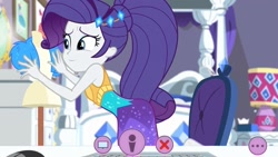 Size: 1280x720 | Tagged: safe, edit, edited screencap, editor:thomasfan45, screencap, rarity, better together, equestria girls, festival looks, bare arms, bare shoulders, barefoot, bed, chair, clothes, cute, description is relevant, dress, feet, female, jacket, mannequin, missing geode, music festival outfit, raribetes, rarity's bedroom, solo, webcam