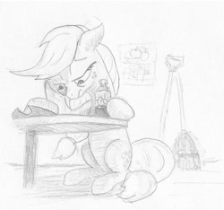 Size: 717x671 | Tagged: safe, artist:t72b, derpibooru exclusive, applejack, earth pony, pony, alcohol, depressed, drinking, hat, hatless, missing accessory, monochrome, newbie artist training grounds, solo, traditional art, whiskey