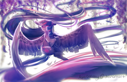 Size: 1600x1035 | Tagged: safe, artist:aquagalaxy, derpibooru import, twilight sparkle, twilight sparkle (alicorn), alicorn, pony, crying, female, large wings, long mane, long tail, mare, red eyes, solo