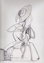 Size: 1659x2325 | Tagged: safe, artist:scribblepwn3, applejack, earth pony, pony, bipedal, ink, lasso, monochrome, pen drawing, solo, standing, traditional art