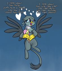 Size: 1400x1600 | Tagged: safe, artist:heir-of-rick, fluttershy, gabby, griffon, pegasus, pony, can't hug every cat, cute, dialogue, doll, flying, gabbybetes, heart, solo, song reference, toy