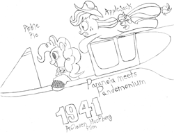 Size: 6600x5100 | Tagged: safe, artist:algernon97, applejack, pinkie pie, earth pony, pony, 1941, absurd resolution, monochrome, movie poster, parody, plane, text, traditional art