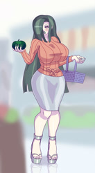 Size: 735x1340 | Tagged: safe, artist:annon, marble pie, human, basket, big breasts, bimbo, blushing, breasts, eyeshadow, female, grocery store, hair over one eye, high heels, huge breasts, humanized, lipstick, makeup, marble pies, solo